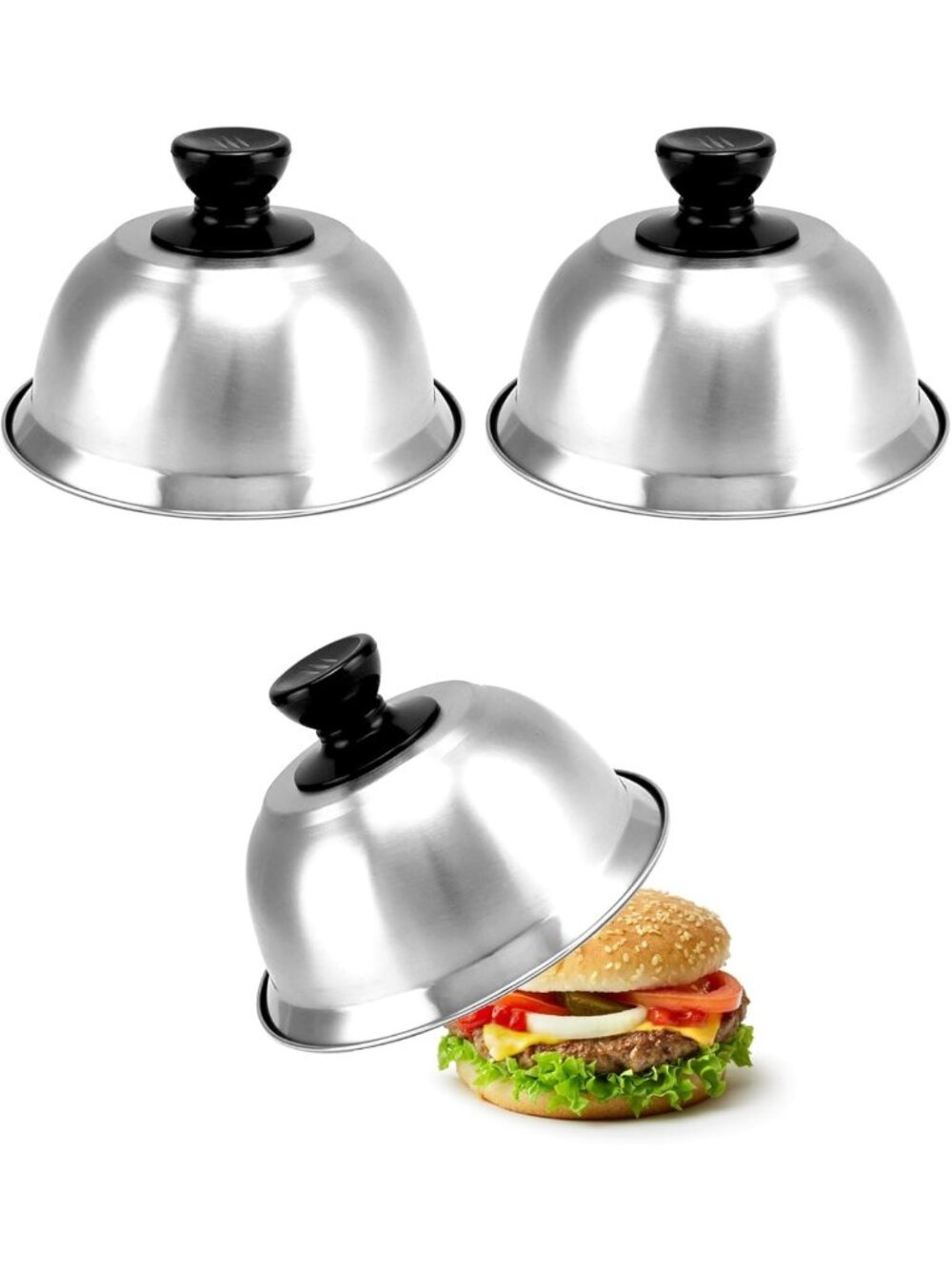 3 Pack Stainless Steel Burger Melting Dome Covers - 6” Cheese & Food Covers